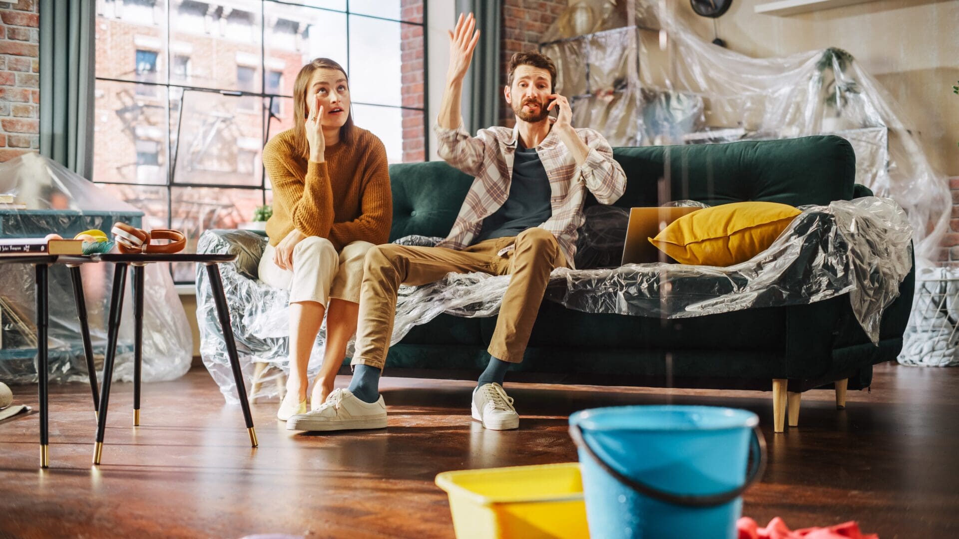 man and woman in living room. Man on couch is complaining on the phone about water damage in their home and pointing at water leaking from the ceiling.