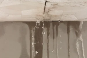 Heavy storm rain create water flow from edge of ceiling and dirty stain on wall. Water leaking from top ceiling as droplets and flow in old house
