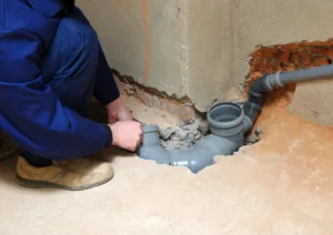 Plumber assemble gray pvc sewage pipes. Wastewater drainage system for house.
