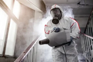 professional disinfector with protective antiviral mask, chemical decontamination sprayer bottle indoors. male remove bacterias and infections from the surface.
