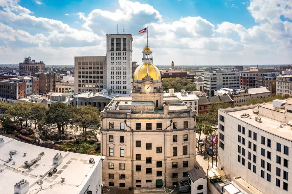 Aerial view of Savannah, Georgia city hall. Savannah is the oldest city in the U.S. state of Georgia and is the county seat of Chatham County.