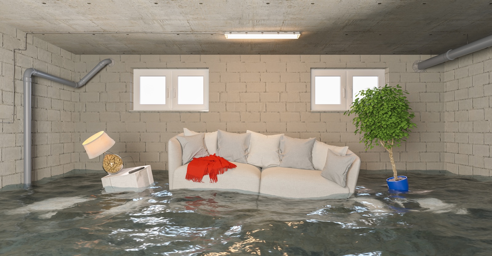 Furniture floating in a flooded basement