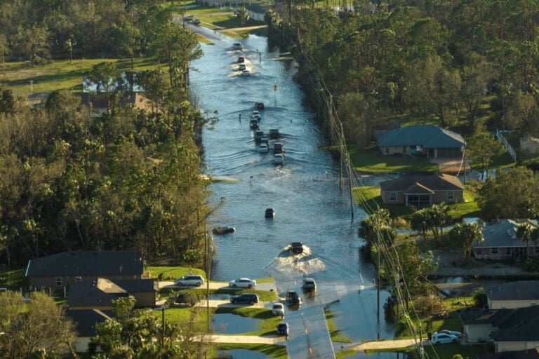 Flooded street following a hurricane in Florida.